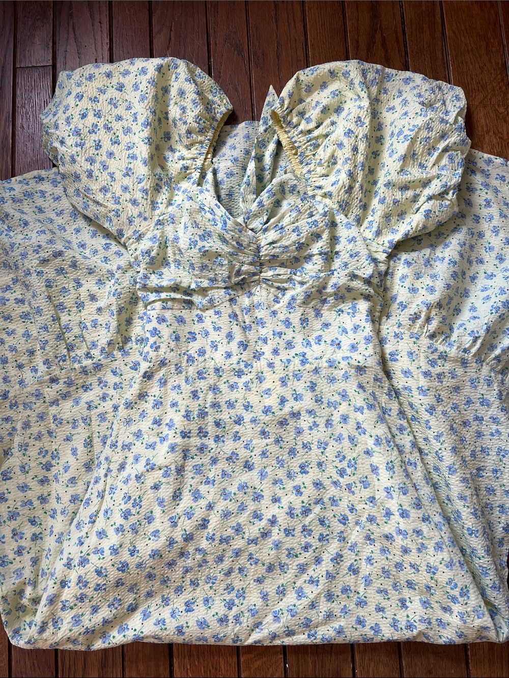 La'ven Yellow Blue Floral Cottage Core Puff Sleeve Maxi Dress Size Small NWT